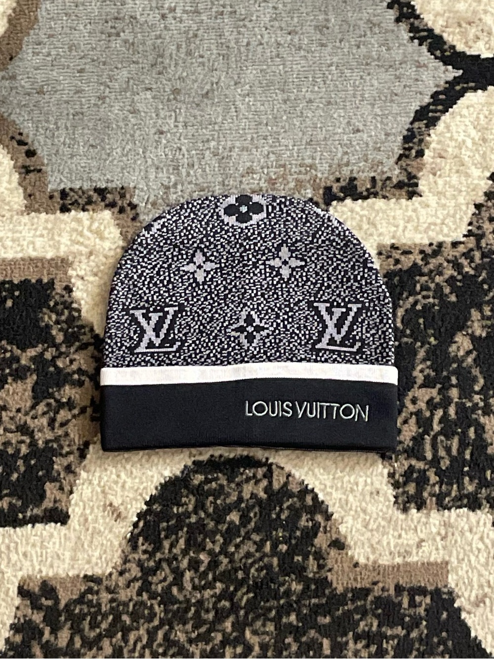 Louis Vuitton Black & White Monogram Knit Winter Beanie